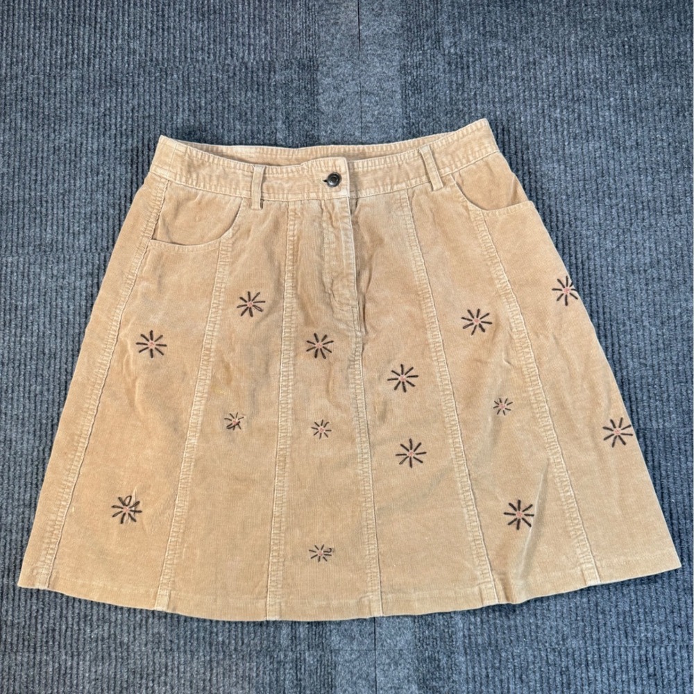 WilliSmith Tan Corduroy Embroidered Floral A-Line Skirt Size 10 Beige Vintage